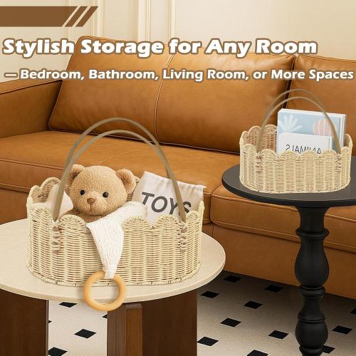 Rattan Picnic Basket with Handle, Wicker Picnic Basket with Scalloped Edge, Garden Harvest Basket, Woven Baskets for Vegetable & Fruit, 2 Pack