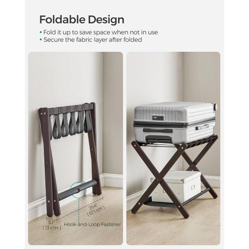 SONGMICS Luggage Rack, Set of 2, Folding Suitcase Stand with Storage Shelf, for Guest Room, Hotel, Bedroom, Heavy-Duty, Holds up to 131 lb, Chestnut Brown URLR007R02