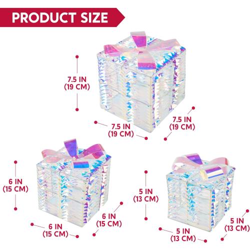 JOIEDOMI Christmas Lighted Gift Boxes, Light Up Christmas Decorations Set of 3 Iridescent Present Boxes, Xmas Boxe Light with LED Cool White for Indoor Porch Patio Holiday Xmas Eve Night Décor
