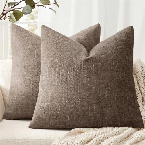 ANRODUO Pack of 2 Decorative Textured Throw Pillow Covers Soft Taupe Grey Euro Accent Solid Chenille Cushion Cover Cozy Farmhouse Pillow Case for Couch Sofa Bedroom Living Room Home Decor 24x24 Inch