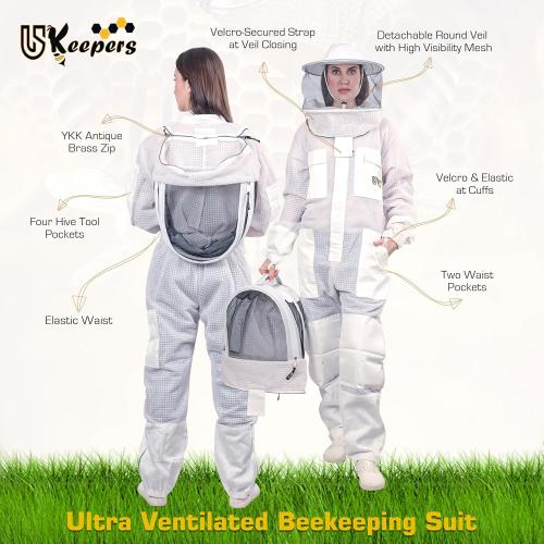 US-Keepers 3-Layer Ultra Ventilated Bee Suit for Men & Women – Premium Beekeeping Suit with Bee Gloves & Two Detachable Beekeeping Veils (White XL)