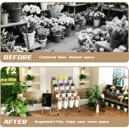 Flower Display Stand with 16 Buckets, 4 Layers Flower Bar, Gold Metal Plant Stand with Wheels, Heavy Duty Flower Cart for Indoor Outdoor Patio Garden Wedding Florist, Gold Metal Frame