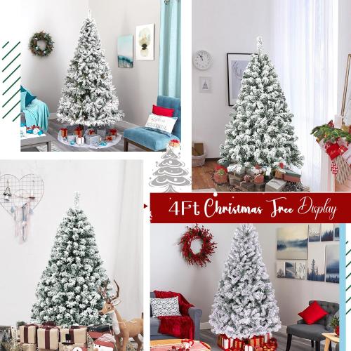 9ft Flocked Artificial Christmas Tree, Arbol de Navidad with 450 Branch Tips, Fake Christmas Tree, Premium Spruce Xmas Tree with Fold-Able Metal Base Stand