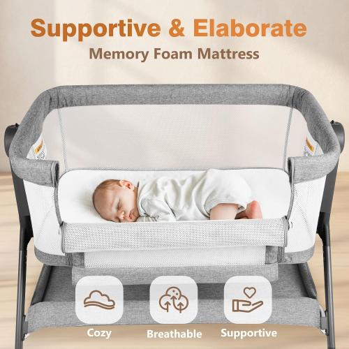 3-in-1 Baby Bassinet, Bedside Bassinet Sleeper, Rocking Bassinet with Comfy Mattress&Breathable Mesh, 6-Height Adjustable, Quiet Moveable & Easy-Assembly Grey Crib, 0-5 Months Baby