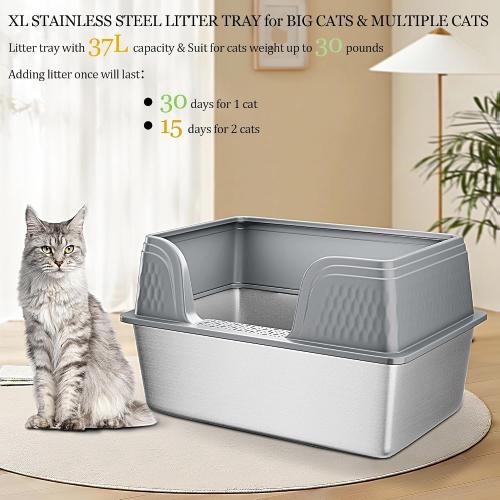 Vealind XXL Stainless Steel Cat Litter Box High Sided with Lid 23.7 L x 16 W x 14 H Anti Leakage Extra Large Metal Cat Litter Tray with Scoop and Mat for Big Cats (Grey)