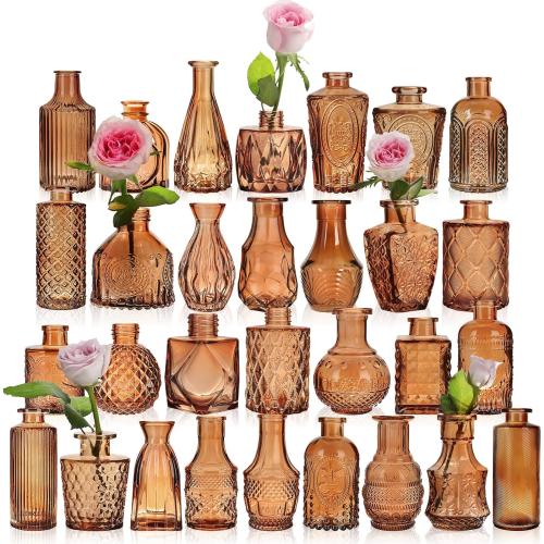 STARSIDE Set of 30 Amber Glass Bud Vase in Bulk,Small Vintage Bud Vase for Centerpieces,Rustic Wedding Decorations,Home Table Flower Décor