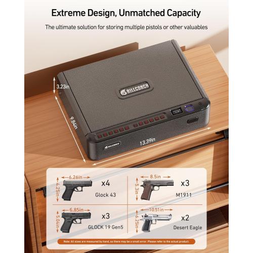 BILLCONCH Smart Gun Safe with Security Cable - Biometric Pistol Safe for Handgun 4 Ways Quick Access with Fingerprint/Keypad/Key/APP Lock, for Nightstand Bedside Home Car with LCD and Voice Guide