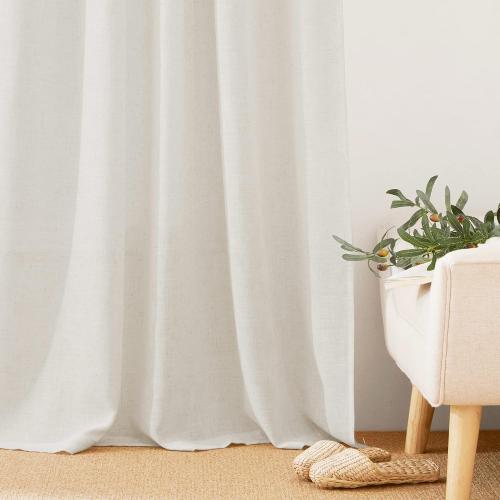 RYB HOME 108 inch Curtains - Flax Linen Blend Semi Sheer Light Glare Filtering Extra Long Drapes for Living Room Dining Doorway Farmhouse Office Sunroom, Linen, Wide 52 by Long 108, 2 Panels