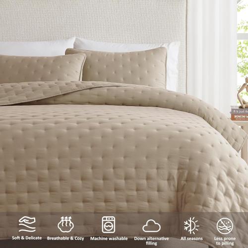 WDCOZY Beige Cloud King Size Quilt Set, Tan Lightweight Farmhouse Bedspread, Rustic Country Coverlet, Taupe Camel Soft Bedding, Thin Comforter for All Season - 3 Pieces, 104x90 inches‼️good condition and May Vary‼️
