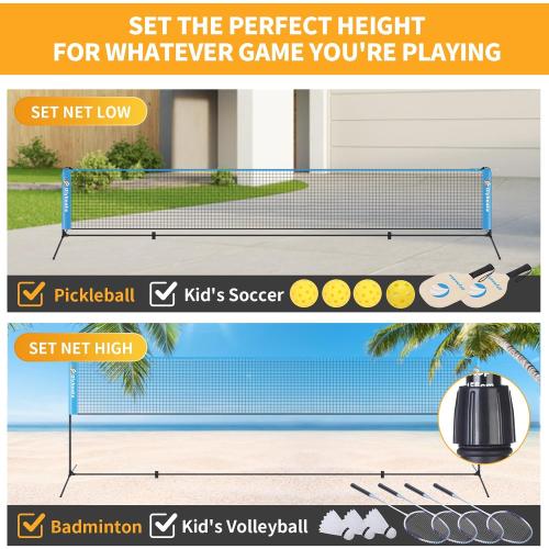 17FT Portable Pickleball Badminton Net Set Outdoor, Height Adjustable Multi Sports Net Set for Backyards Beach Driveway with 4 Aluminum Rackets, 2 Pickle Paddles and Carry Bag, Easy Set Up & Durable