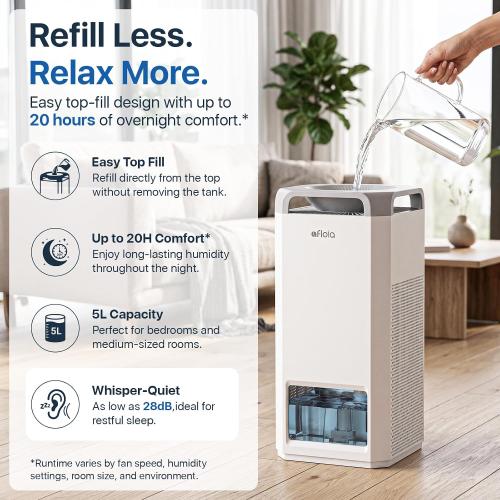 Afloia 1000ml/h Mist Free Humidifier and Air Purifier in One for Bedroom | Evaporative Humidifier Combo, 4-Way Airflow, Top Fill Design, Quiet Sleep Mode, Up to 20H Runtime, Auto Humidity Control