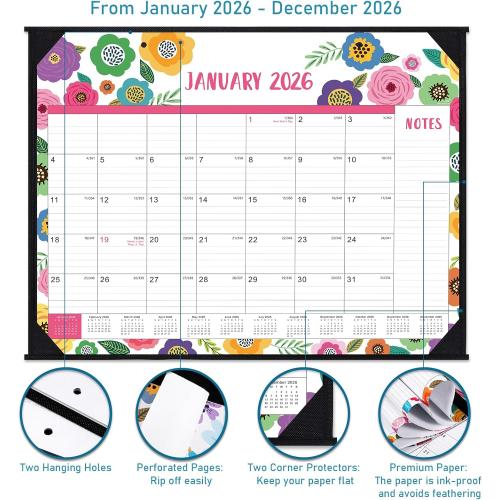 2026 Desk Calendar - Large Desk Calendar 2026, Jan. 2026 - Dec. 2026, 22 x 17, 2026 Calendar 12 Month with Corner Protectors, Desk Pad, To-Do List & Notes, Desk/Wall Calendar for Organizing - Colorful Floral