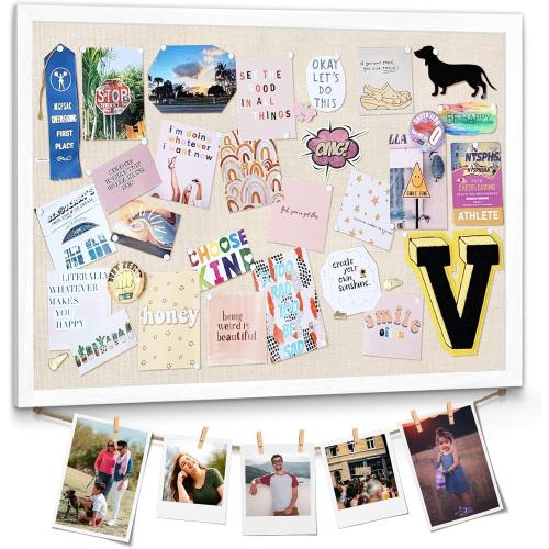 Emfogo Large Bulletin Board 23x18inch with Linen Rope Cork Boards Wall Decor Picture Framed Display Board Hanging Pin Board Vision Board Bulletin Cork Board for School Office Room Home Vintage White
