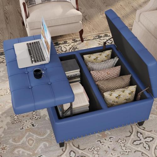 Color Blue Square Leather Ottoman with Storage, Faux Leather Coffee Table with Lift Top,Large Upholstered Footrest Stool Toy Box Storage Bench for Bedroom Living Room, Blue