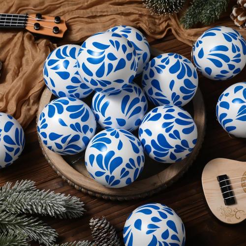 Poen 12 Pcs 3.15 Inch Mexican Christmas Ornaments Blue and White Talavera Ornaments Talavera Christmas Tree Decor Plastic Shatterproof Ball Cielito Lindo Decor Hanging Xmas Hispanic Party