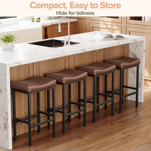 24 Inch Counter Height Bar Stools Set of 2, Compact Counter Stools for Small Spaces, Premium Faux Leather Barstools with Right-Sized Saddle Seat & Metal Legs, 15-Minute Easy Assembly, Brown
