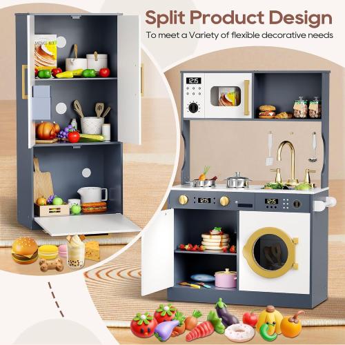 Kids Kitchen Playset with Realistic Design, Luxury Play Kitchen with Extended Storage Cabinets, Toy Kitchen for Toddlers with Coffee Counter, Cookware Accessories, Oven, Microwave (Dark Gray)
