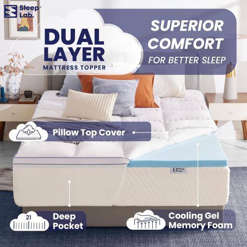 Sleep Lab 4 Inch Memory Foam Mattress Topper - Queen Size - Cooling Gel Memory Foam, Medium Support   Pillow Top