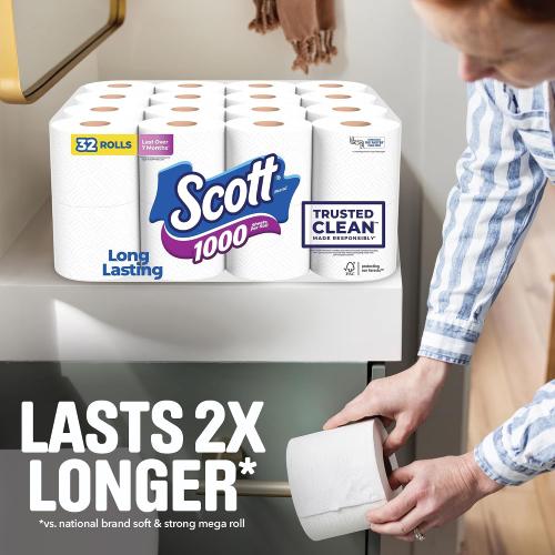 Scott 1000 Toilet Paper, 32 Rolls, Septic-Safe, 1-Ply Toilet Tissue