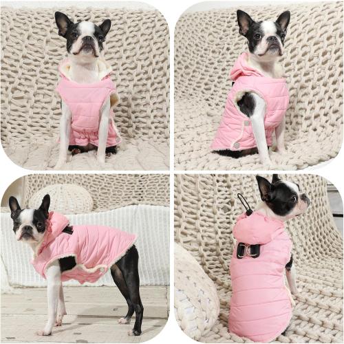 Fleece Lining Dog Hoodie with Harness Built in,Extra Warm Small Dog Jacket in Winter Puppy Coats with Drawstring Hooded,Light Pink XS