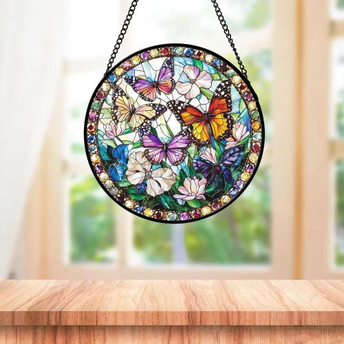DASTOLL Stained Glass Window Hanging, Colorful Butterfly Suncatcher for Doors Home Sun Catchers Decoration and Christmas, Mother's Day Birthday Gifts for Women, Men, and Mom 14.9x14.9 in