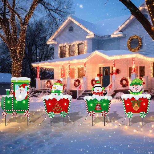 WONDER GARDEN Christmas Metal Yard Stakes, Lighted 3 Pack Christmas Garden Stakes Yard Signs, Outdoor Decorations Train with Santa, Snowman, Penguin, Boy for Lawn Party Outside