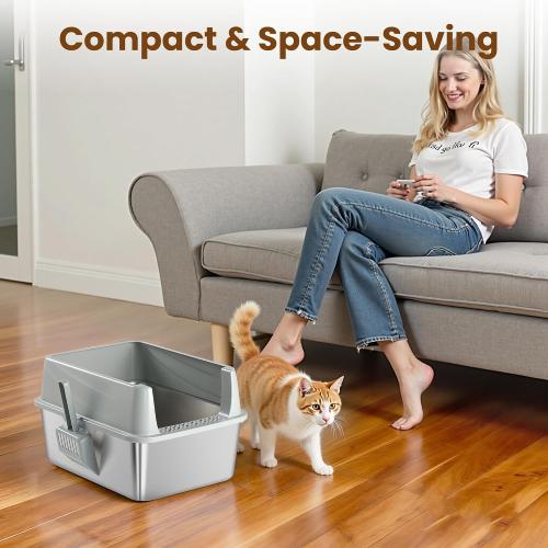 Stainless Steel Sifting Litter Box for Pine Pellets, Sifting Cat Litter Box with Sifter, High Side for Small Cats, Anti-Leakage, Odor Control, Includes Scooper, 17.7 x 13.8 x 11