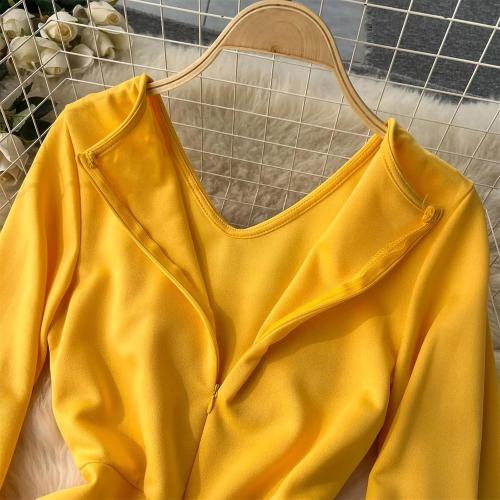 Size XL Color Yellow metamorphosis girl Women Casual Elegant V-Neck Solid Color Dress High Waist Puff Sleeve Ankle-Length Dress