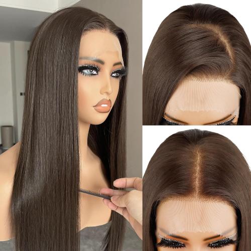 Chocolate Brown Lace Front Wig, 13x4 Synthetic Lace Wigs Pre Plucked 26inch Long Straight Glueless Dark Brown Wig For Black Women Beginner Friendly Suitable For Everyday Wear