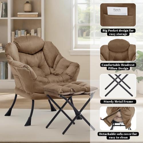 Lazy Chair with Ottoman, Comfy Reading Chair, Brown | Cushioned Seat with Foldable Ottoman and Side Pocket, Lounge Chair for Bedroom, Living Room, Dorm and Small Spaces
