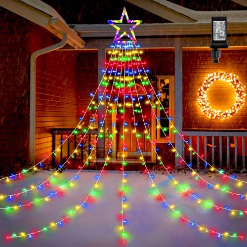 BlcTec Outdoor Christmas Decorations 317 LEDs Christmas Lights with 9 Strands 11.9ft Waterfall Christmas Tree Lights, 8 Modes, Waterproof, Topper Star & Timer for Yard Patio Xmas Décor, Multicolor