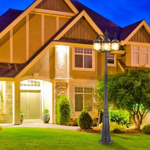 Dusk Dawn Bronze Outdoor Lamp Post Light with GFCI Outlet, Triple Head Aluminum Street Light Post for Outside with Sensor, Waterproof Birdcage Pole Lighting Fixture for Backyard Garden Patio Driveway