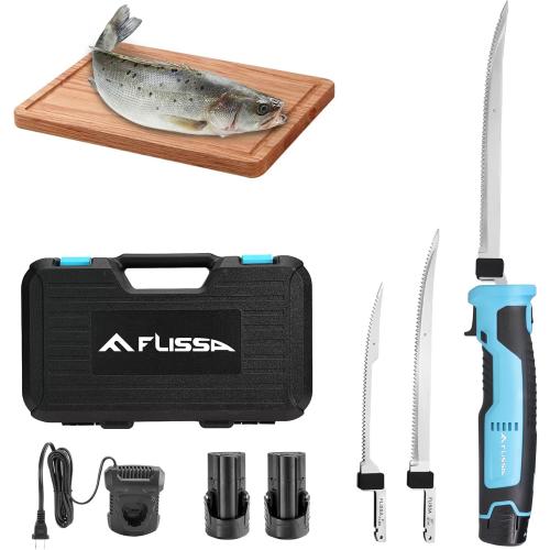 FLISSA Cordless Electric Fillet Knife for Fish with 8 and 10 Stainless Steel Blades, 12V Rechargeable Electric Knife with Non-Slip Handle, 2 Packs Long Lasting Lithium-ion Battery, Portable Carry Case