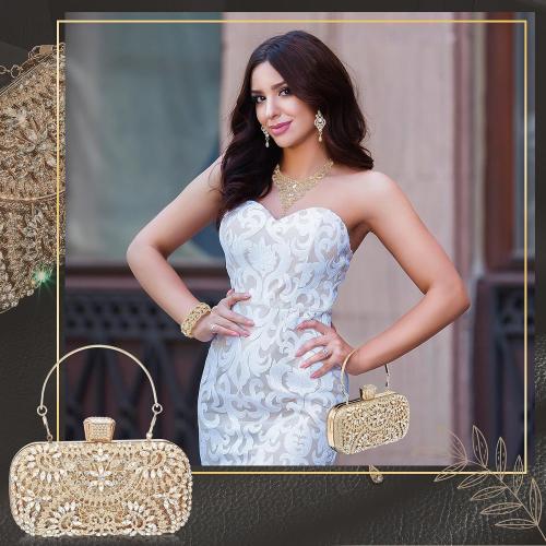 Quelay 4 Pcs Purse Rhinestone Jewelry Set Evening Clutch Bag Bling Crystal Necklace Dangle Earrings Bracelets Accessories