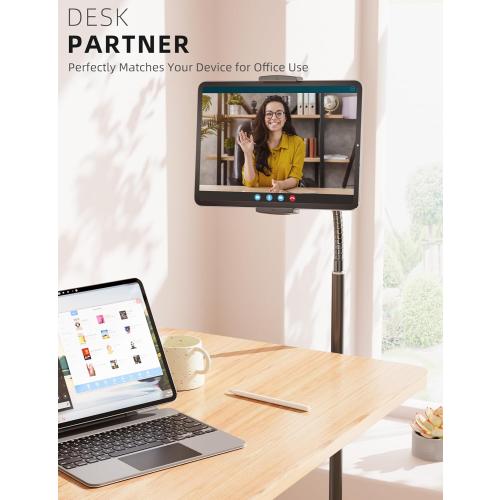 iPad Stand, Adjustable Tablet Floor Stand Metal Tablet Holder with Flexible Gooseneck, Compatible with iPad, Kindle, and Cell Phones (4.7''-13''), Ideal for Hands-Free Use