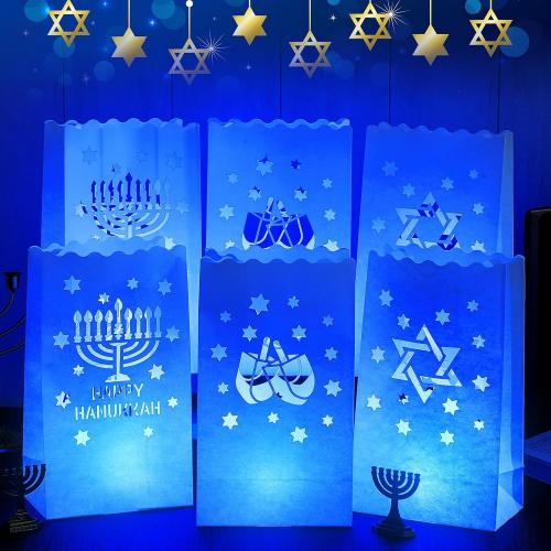 36 Set Hanukkah Decorations Blue Luminary Bags with Flameless Candles Chanukah Luminary Bags with Battery Tea Lights Happy Hanukkah LED Moisture-Proof Lanterns Jewish Holiday Decor Gifts