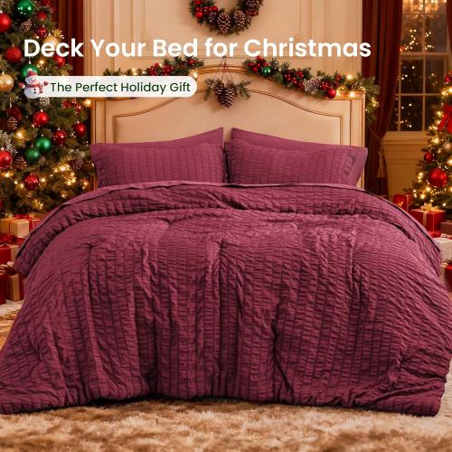 Love's cabin Seersucker Burgundy King Size Comforter Set, 7-Piece All Season Lightweight Bed in a Bag Bedding Set with Comforter, Flat Sheet, Fitted Sheet, Pillowcases and Shams