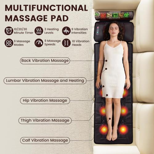 Full Body Massage Mat with 10 Vibration Heads, 9 Speeds & 3 Heat Levels - Rechargeable Heating Pad for Back Neck Shoulder Relief at Home Office