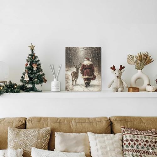 FGFK Vintage Christmas Reindeer and Santa Wall Art Decor Framed, Holiday Winter Christmas Decor, Rustic Xmas Snowy Forest Canvas Prints Poster Wall Decorations for Home Bedroom Living Room, 8x10 Inch