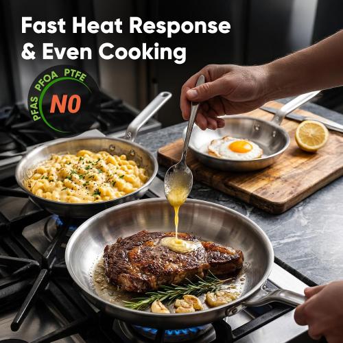 10 5-Ply Stainless Steel Frying Pan | dual aluminum core, uncoated surface, oven & broiler safe 800°F, induction ready, dishwasher safe, searing & family meals