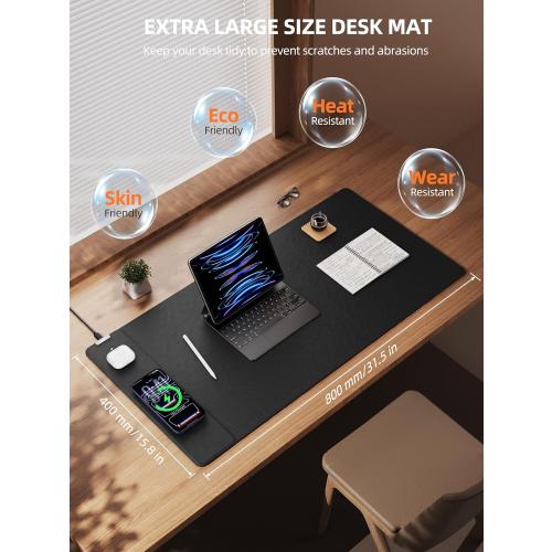 TopMade Mouse Pad with 15W Wireless Charging, XXL Large Leather Desk Mat, Waterproof Gaming Mousepad Home Office Desk Pad Protector, Computer Keyboard Pad, Mouse Mat for MacBook, PC, Laptop, Black