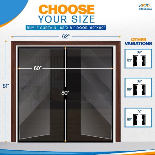 Magnetic Closure Screen Door for 62x81 French Door Sliding Door Pet and Dog Friendly, Durable Fiberglass Mesh Double Door Screen Mesh Retractable Curtain, Keep Bugs. Mosquito Out, Fly Screen