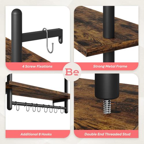 Bestier 24 Floating Kitchen Shelves Wall Mounted 2 Tier Coffee bar Shelves with 8 Hooks, Industrial Wall Shelf for Kitchen, Living Room Bedroom, Rustic Brown