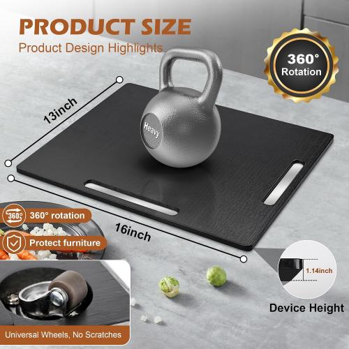 Joy&Grace Appliance Slider for Kitchen Appliances 360° Rolling Sliding Tray for Coffee Maker Countertop, Bamboo Coffee Pot Slider Rolling Tray with Universal Rollers (Black, Large 16x13)