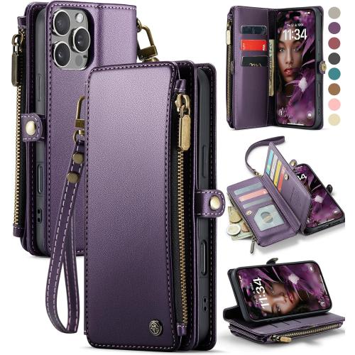 Defencase Compatible with iPhone 16 Pro Case Wallet with RFID Blocking Card Holder for Women Men, Soft PU Leather Magnetic Snap Flip Zipper Strap Wallet Phone Case Fit for iPhone 16 Pro 6.3, Purple | RFID Blocking, Card Holder, for Women Men, Soft PU Lea