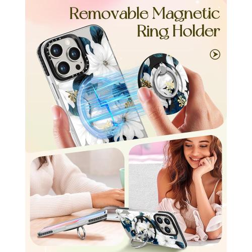 Case for iPhone 16 Pro Case Compatible with Magsafe Ring Holder Stand - for Women Blue Flower Design TPU Phone Cover for Girls Girly Funny Fashion