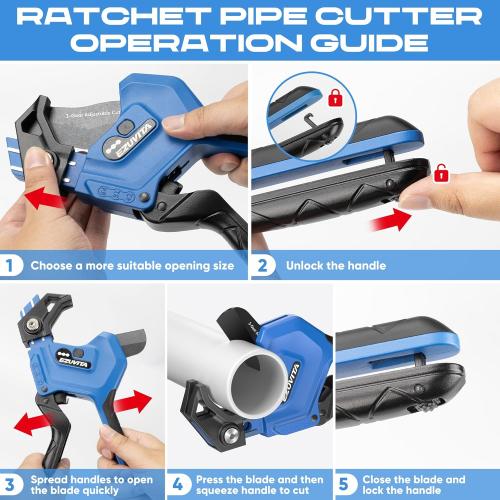 3-Gear Adjustable Heavy Duty PVC Pipe Cutter, Cuts Up to 2-1/2, Aluminum Alloy Ratcheting Tubing Cutter Tool for PEX, PVC, CPVC, PE, PP, Rubber Hose, Fit for Home Repairs and Plumbing work