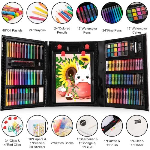 VigorFun Art Supplies, 240-Piece Art Set Crafts Drawing Kits with Double Sided Trifold Easel, Sketch Pads, Crayons, Colored Pencils, Gifts for Kids Girls Boys Teen Ages 4-6-8-9-12 (Black)