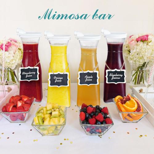 Glass Carafe, 1 Liter Carafe for Mimosa Bar, 4 Pcs, Square Pitcher with Lid and Spout, Drink Dispenser for Parties, Cold Water, Milk, Juice Container, Tea, Wine, Cocktails (6 Lids & 1 Spout)