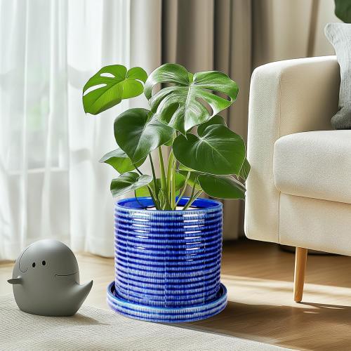 Ceramic Plant Pots, 3 Pack 6 8 10 Inch Indoor/Outdoor Planters with Drainage Hole, Mesh Pad & Saucer Unique Handcrafted Crackle Glaze Ceramic Flower Pots for Home Garden & Indoor Flower Pot Decor-Blue